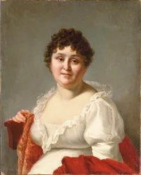 Portrett av Madame Regnault, bystelengde, i en hvit kjole og persimmonsjal (olje på lerret)