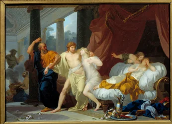 Sokrates trekker Alkibiade ut av voluptens barm Filosofen Sokrates trener sin disippel Alkibiade (450-404 f.Kr.) bort fra fortapelsens steder. Maleri av Jean Baptiste Regnault (1754-1829) 1791 søn. 0,46x0,63 m
