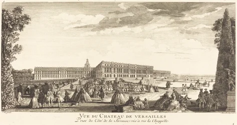Utsikt over slottet i Versailles tatt fra siden av terrassen overfor kapellet