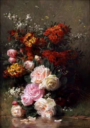Sommerblomster (inkludert roser og geranier). Maleri av Jean Baptiste Robie (1821–1910). Privat samling.