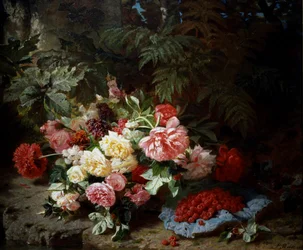 Stilleben av roser og bringebær. Maleri av Jean Baptiste Robie (1821–1910). Privat samling.