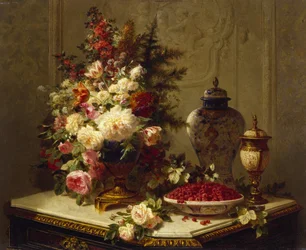 Stilleben med blomster og bringebær (olje på panel)