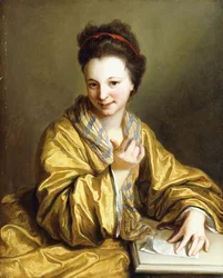 En ung dame, iført en gul kappe, sittende ved et bord, Beckoning, 1703