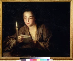 Pike med et lys. Maleri av Jean Baptiste Santerre (1658-1717). 64 x 79 cm, ca. 1700. Fransk kunst fra 1700-tallet. Pusjkinmuseet for kunst, Moskva.