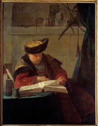 En kjemiker i laboratoriet hans eller en filosof opptar hans lesning. Portrett av maleren Jacques Andre Joseph Ave, kjent som Camelot eller Avet le Batave (1702-1766). Maleri av Jean Baptiste Simeon Chardin (1699-1779) 1734 Søn. 1,38x1,05 m