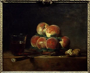 Basket med peches med nøtter, kniv og glass vinmaling av Jean Baptiste Simeon Chardin (1699-1779) 1768 Dim. 0,32x0,39 m Paris, Musée du Louvre