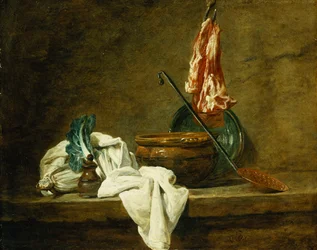 Rødbeter, en krydderboks, en oppvaskklut, en gryte, en glassert keramikkplate, en skimmer, med kjøtt på en krok, på en avsats, 1734