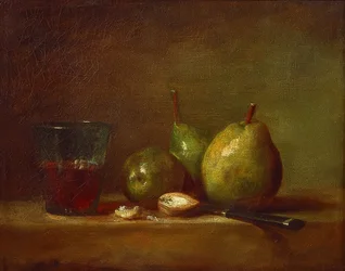 Pærer, valnøtter og et glass vin. Rundt 1768