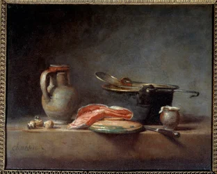 Kobbergryte, skimmer, mugge og lakseskive. Stilleben. Jean Baptiste Simeon Chardin (1699 - 1779)