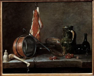 Fettmeny og kjøkkenutstyr. Stilleben. Maleri av Jean Baptiste Simeon Chardin (1699-1779)