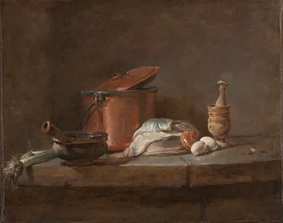 Kjøkkenutstyr med purre, fisk og egg, ca. 1734.