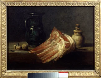 Kjøkkenbord og redskaper med en saue firkant. Maleri av Jean Baptiste Simeon Chardin