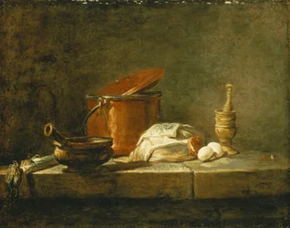 Purre, en gryte, en kobbergryte med deksel, en fiskeskive, en løk og to egg, med en stamper og morter, på en avsats, 1734