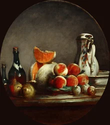 Meloner, pærer, fersken og plommer, eller The cut melon, 1760