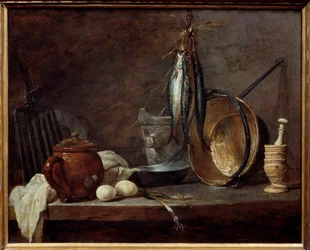 Meny med magert og kjøkkenutstyr. Stilleben. Maleri av Jean Baptiste Simeon Chardin (1699-1779)