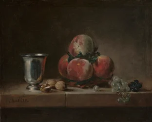 Stilleben med fersken, en sølvbeger, druer og valnøtter, ca. 1759-60 (olje på lerret)
