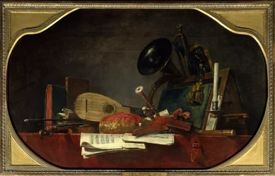Attributtene til musikk Stilleben med partitur, fiolin, mandore, hoffmusette, traversiere-fløyte, horn og trompet. Maleri av Jean Baptiste Simeon Chardin (1699-1779) 1765 Søn. 0,91 x 1,45 m Paris, Musée du Louvre.