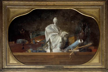 Attributtene til Arts Allegory of the arts med skulptørverktøy, statuett. Maleri av Jean Baptiste Simeon Chardin (1699-1779) 1765 Søn. 0,91x1,45 m