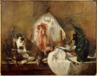 Stilleben med rokke, fisk, østers og mugge. Maleri av Jean-Baptiste Siméon Chardin (1699-1779), 1727. 1,14 x 1,46 m. Paris, Louvre-museet