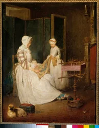 Arbeidsmoren En mor hjulpet av at datteren broderte og brukte en chedder. Maleri av Jean Baptiste Simeon Chardin (1699-1779) 1700-tallets søn. 0,4x0,39 m
