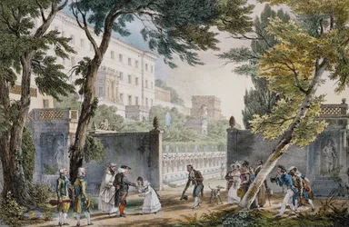 En villa: møtescene for adelen - gravering av døperen Johannes (Jean-Baptiste) Thomas (1791-1833), ca. 1820