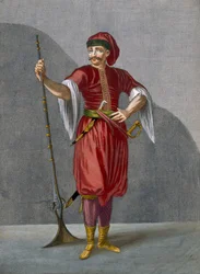 En albansk soldat, plansje 78 fra «Samling av hundre trykk som fremstiller de forskjellige nasjonene i Levanten» av Charles de Ferriol, gravert av Gérard Scotin (1671-1716), 1707-08