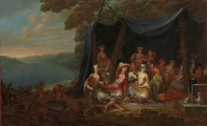 Fête champêtre med tyrkiske hoffmenn under et telt Festende tyrkiske hoffmenn foran et telt
