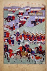 Begravelse til Sultan Suleyman den storslåtte, Sultan Suleymans historie, Istanbul, Tyrkia, 1579 (blekk og farge på papir)