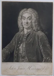 Portrett av John James Heidegger (1666-1749), sveitsisk impresario i London, gravert av John Faber (1684-1756), 1749