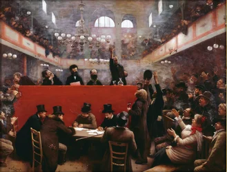 Ved Graffard møtesal (Reunion a la salle Graffard) (plassert på 138, boulevard de Menilmontant i Paris) av Beraud, Jean (1849-1936)