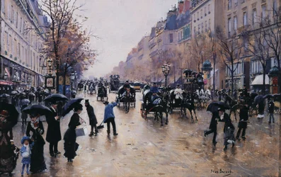 Boulevard Poissonière i regnet, ca. 1880 (olje på lerret)