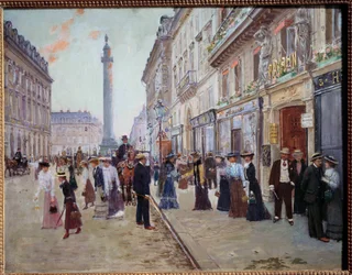 Utgang av arbeiderne fra paquin-huset rue de la Paix (Plasser Vendome med søylen). Maleri av Jean Beraud (1849-1935) 1905 Søn. 0,42x0,55 m. Paris, Musee Carnavalet