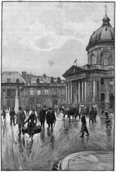 Parisian scene in the 19th century: the left bank with the Institut de France. Engraving by Florian from Beraud