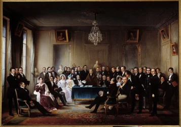Poeten og dramatikeren Francois Guillaume Andrieux leser sin tragedie Junius Brutus "" i foajeen på Comedie Francaise den 26.05.1828" Blant gavene Alexandre Dumas, Pierre Nicolas Michelot, Jean Francois Becquerel, Firmin, Victor Hugo, Eugene