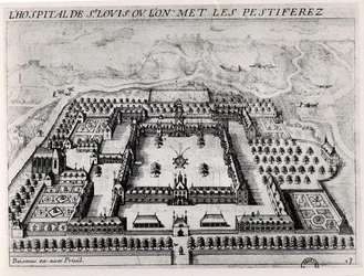 Saint-Louis Hospital, tidlig på 1600-tallet (gravering) (s/hvitt foto)