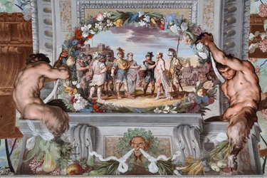 Acete, holdt fanget av to soldater, forteller Bacchus#39; gjerninger til Pentheus og hans følge av krigere