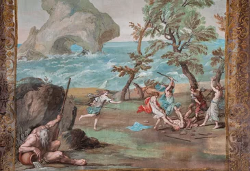 Baccantene dreper Orfeus med steiner og stokker fordi han nektet å synge lovsanger om Bacchus.
