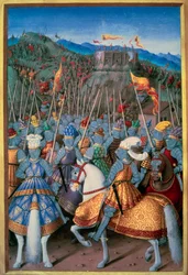Italienske kriger: Kong Ludvig XII (1462-1515) angrep Genes med sine tropper i 1507. Miniatyr fra «The Voyage of Genes» av Jean Marot (1450-1526) belyst av Jean Bourdichon (1457-1521) 1510 Paris, B.N.