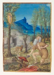 Den botsøvende Sankt Hieronymus i eremitthytten, verso: tekst til antifonen for Sankt Gregor