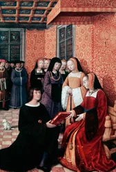 Poeten Jean Marot (1450-1526) overlater verket Voyage to Genoa til Anne av Bretagne (1477-1514), ca 1508, miniatyr av Jean Bourdichon (1457-1521). Frankrike