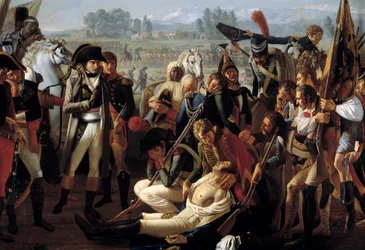 General Charles Antoine Desaix de Veygoux (1768-1800) død i slaget ved Marengo 14.06.1800 under øynene til Napoleon Bonaparte (1769-1821) Detalj. Maleri av Jean Broc (1771-1850)