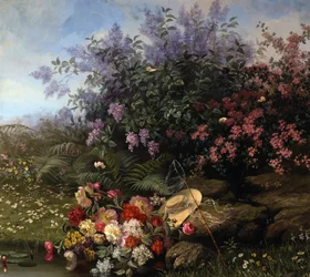 Sommerblomster ved elvebredden. En stråhatt og et sommerfuglnett er plassert midt i et blomsterbed (primulaer, syriner...). Maleri av Jean Capeinick (1838–1890). Privat samling.
