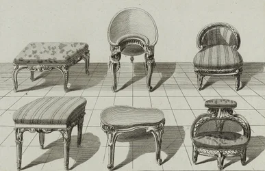 Krakker, toalettbidet, fotskammel, publisert på midten av 1770-tallet (gravering på lagt papir)