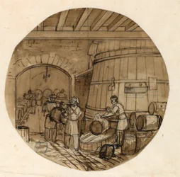Design for en porselenstallerken, bryggeriinteriør for Sevres Industrial Arts Service
