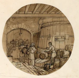 Tegning, design for en malt porselenstallerken, interiør i vinbrenneri, 1831–44