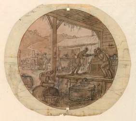 Tegning, design for en malt porselensplate, lasting eller lossing av varer, 1820–35