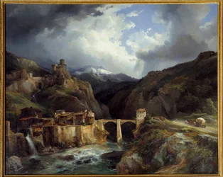 Landsbyen og broen til Crevola på Simplon-veien. Maleri av Jean Charles Remond (1795-1875)