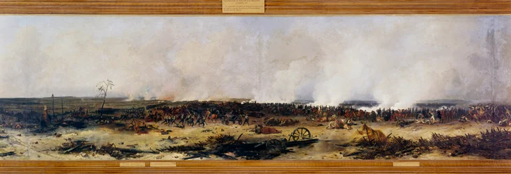 Russlandfelttoget: «Panorama over slaget ved Moskva den 7/09/1812». Slaget ved Moskva, også slaget ved Borodino, mellom franskmennene til Napoleon I Bonaparte (1769-1821) og den russiske keiserlige hæren ledet av Mikhail Golenishchev Kutuzov (Golenishchev