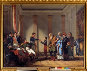 Veldedighet til keiser Napoleon I (1769-1821) under den polske kampanjen i januar 1807: Keiseren gir en pensjon på hundre napoleoner til Nerocki, 117 år. Maleri av John Charles Tardieu (1765-1830) 1800-tallets søn. 1,15x1,46 m - Velvillig handling av Emp