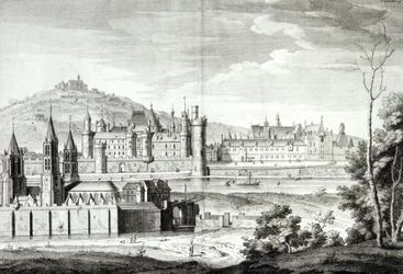 Utsikt over klosteret Saint-Germain-des-Pres, Louvre, Petit Bourbon, Montmartre og Seinen i 1410, gravert av Antoine Herisset (1685-1769)